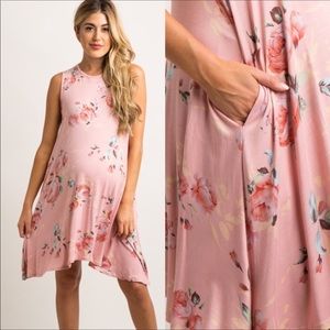 Maternity Pink Floral Sleeveless Dress w/ Pockets